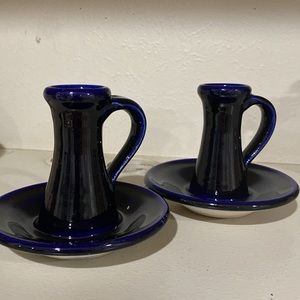 Set of 2, Cobalt Blue, Glass Chamber Candle Holders with Finger Loop